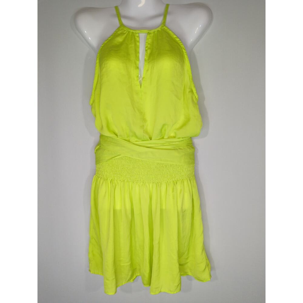 Do+Be Neon Green Smocked Waist Halter Neck Mini Dress Women's S Party Cocktail
